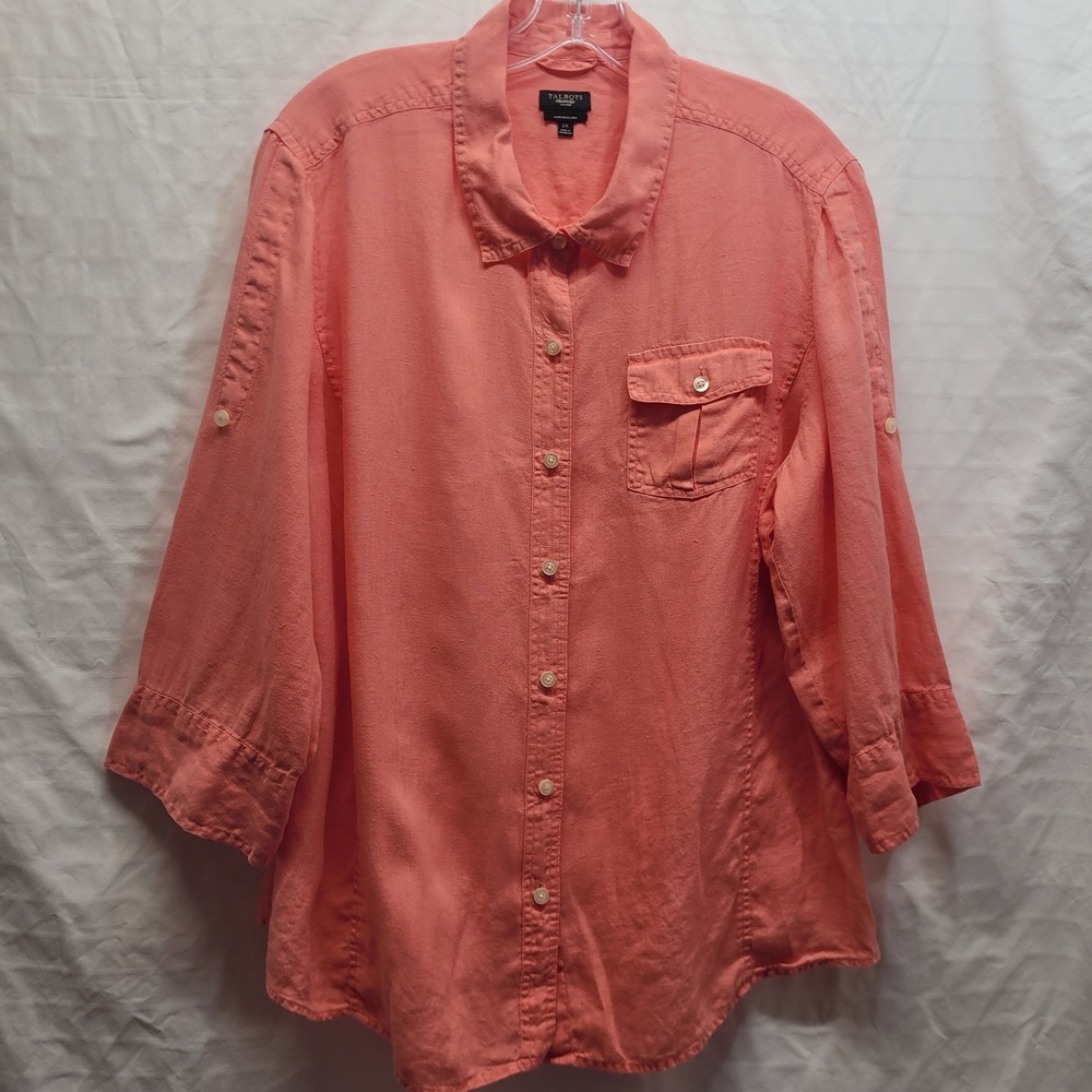 Talbots Woman Coral Pure Irish Linen Button Down Roll Tab Shirt 3/4 Slv 2X